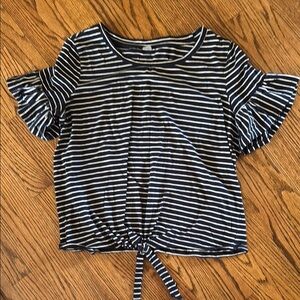 Navy Striped Ruffle Sleeve Top